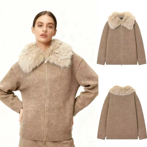 Women Stylish Faux Fur Collar Knit Cardigan Jacket Lapel Zipper Long Sleeve Slim Fit Solid Camel Autumn Winter Outerwear