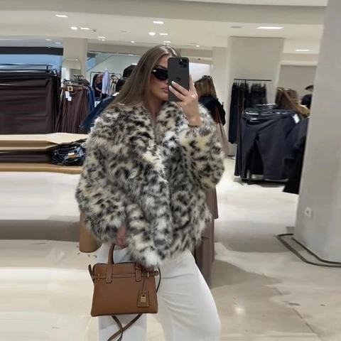Giacca in Pelliccia Ecologica con Stampa Leopardata da Donna Inverno Caldo Bavero Manica Lunga Casual Chic Cappotto