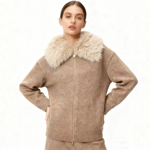 Women Stylish Faux Fur Collar Knit Cardigan Jacket Lapel Zipper Long Sleeve Slim Fit Solid Camel Autumn Winter Outerwear