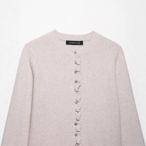 Women Ruffle Trim Knitted Cardigan Single Breasted Round Neck Long Sleeve Solid Color Slim Fit Sweater Top