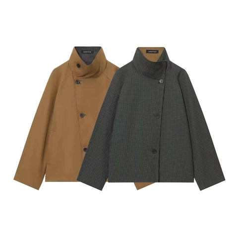 Gabardina Reversible para Mujer Cuello Alto Ajuste Holgado a Cuadros Manga Larga Cortavientos Chaqueta Casual Elegante Ropa de Abrigo