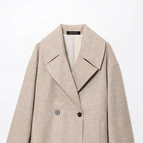 Abrigo Corto Casual de Mezcla de Lana para Mujer Doble Botonadura Color Avena Solapa Manga Larga Ajuste Holgado Chaqueta