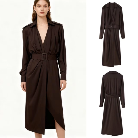 Damen Elegant Langarm Gürtel Midi Kleid Revers V-Ausschnitt Einfarbig Polyester Slim Fit Büro Dame Pendler Hemdkleid