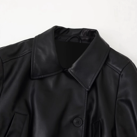 Women's Short Faux Leather Trench Coat With Belt PU Leather Windbreaker Lapel Single Breasted Jacket For Women Casual Chic
