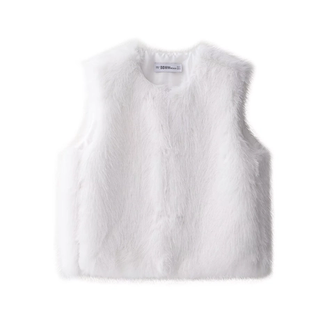 Elegant Women Round Neck Solid White Faux Fur Vest Sleeveless Warm Plush Waistcoat For Autumn Winter Fashion Outerwear
