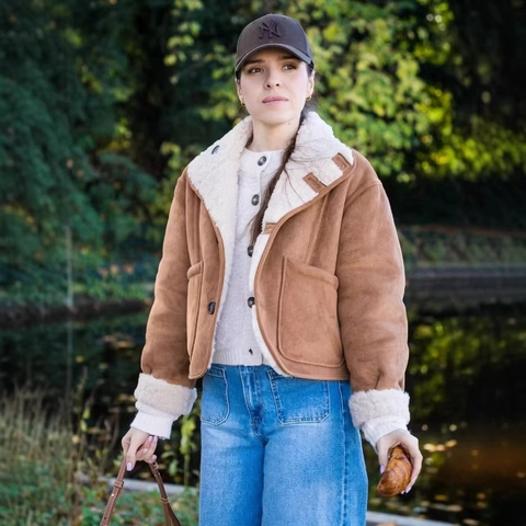 Women's Vintage Faux Suede Lamb Wool Jacket Double Sided Wearable Loose Short Coat High Collar Single Breasted Outwear