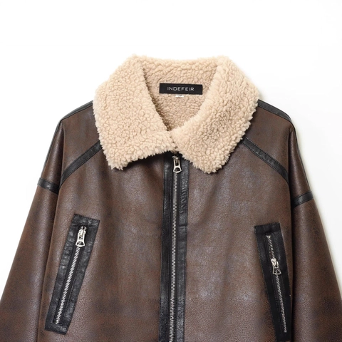 Women Vintage Faux Suede Shearling Aviator Jacket Dark Brown Thick Warm Lapel Zipper Short Moto Biker Coat Outwear