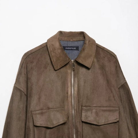 Chaqueta Casual de Antelina para Mujer con Cremallera Solapa Ropa de Abrigo Con Bolsillos Cargo Color Sólido Moda de Otoño