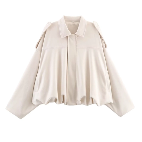 Women Casual Faux Suede Bomber Jacket Minimalist Solid Color Oversized Coat Lapel Zipper Long Sleeve Batwing Sleeve Outerwear