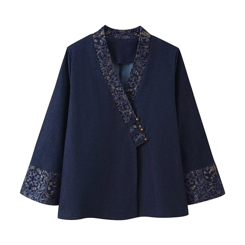 Damen Vintage Kimono-Stil Jacquard Jeans-Effekt Jacke Gold-Stickerei V-Ausschnitt Langarm Kurz Elegant Ethno Oberbekleidung Mantel
