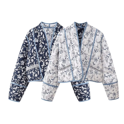 Women Vintage Floral Print Quilted Jacket Reversible V-Neck Long Sleeve Outerwear Contrast Piping Pockets Padded Coat