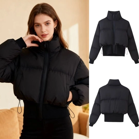 Women Fashion Stand Collar Cropped Puffer Jacket Solid Color Zipper Short Quilted Cotton Padded Coat With Ribbed Cuffs