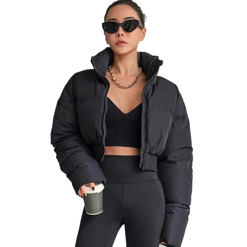 Women Fashion Stand Collar Cropped Puffer Jacket Solid Color Zipper Short Quilted Cotton Padded Coat With Ribbed Cuffs