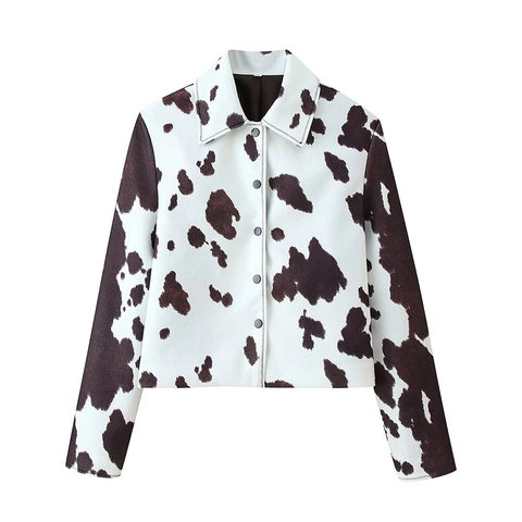 Damen Casual Kuhmuster Jacke Revers Langarm Einreihig Kurz Mantel Streetwear Mode Herbst Außenbekleidung