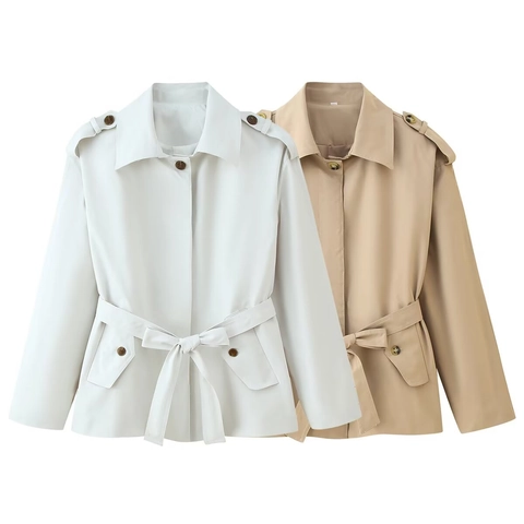 Women Elegant Short Trench Coat With Belt Lapel Long Sleeve Solid Color Polyester Casual Loose Windbreaker Jacket Outerwear