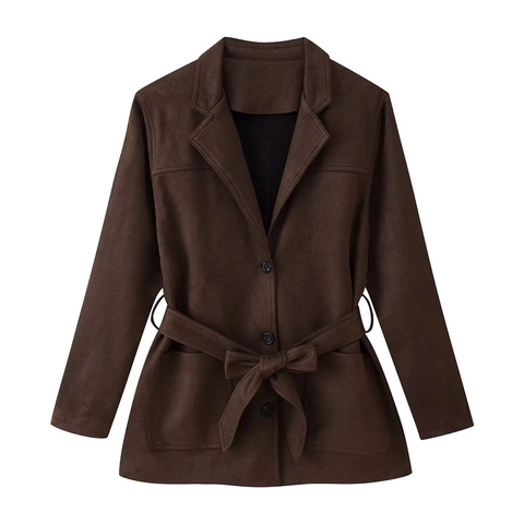Chaqueta Para Mujer Efecto Ante Con Cinturón Solapa de Muesca Largo Medio Manga Larga Color Sólido Abotonadura Sencilla Abrigo Café