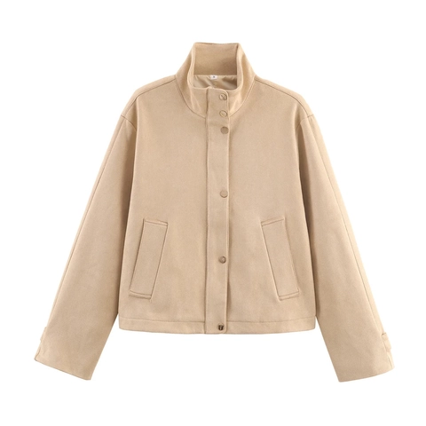 Women Solid Color Faux Suede Jacket Stand Collar Metal Snap Button Casual Short Outerwear Warm Long Sleeve Coat For Daily Wear