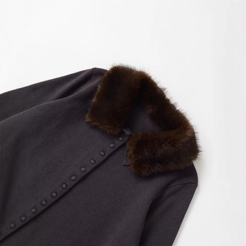 Women Faux Fur Collar Knit Cardigan Dark Gray Solid Color Long Sleeve Button Down Sweater Casual Autumn Winter Outerwear