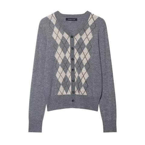 Women Casual Argyle V Neck Knit Cardigan Long Sleeve Polyester Button Down Sweater Top Classic Streetwear Outerwear Gray