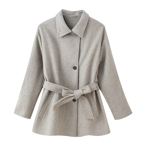 Abrigo de Mujer Elegante Aspecto Lana Poliéster Solapa Chaqueta de Botonadura Sencilla Con Cinturón Color Sólido Casual Manga Larga