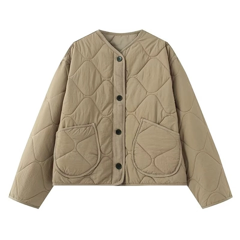 Veste Rembourrée Matelassée Oignon Décontractée pour Femme Col Rond Manches Longues Manteau à Boutons Avec Poches Couleur Unie