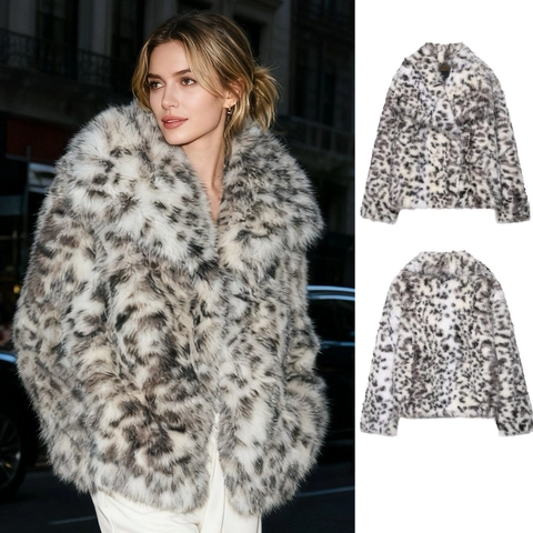 Giacca in Pelliccia Ecologica con Stampa Leopardata da Donna Inverno Caldo Bavero Manica Lunga Casual Chic Cappotto