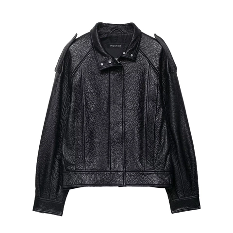 Dames Vintage Zwart PU Leer Moto Jas Asymmetrische Rits Revers Bomberjack Met Epauletten Lychee Textuur Mode Outwear