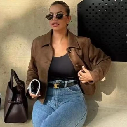 Women Casual Faux Suede Jacket Short Solid Color Long Sleeve Button Up Lapel Outerwear Vintage Brown Streetwear Top