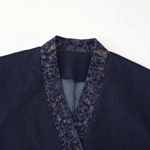 Damen Vintage Kimono-Stil Jacquard Jeans-Effekt Jacke Gold-Stickerei V-Ausschnitt Langarm Kurz Elegant Ethno Oberbekleidung Mantel