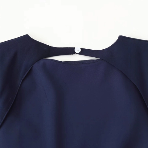 Elegante Vestito Lungo da Donna Blu Marino Senza Maniche Con Decorazione a Nappa Rossa Schiena Scoperta a Trapezio per Festa