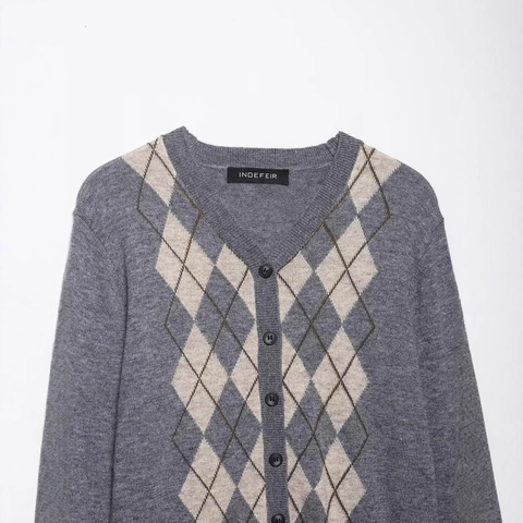 Women Casual Argyle V Neck Knit Cardigan Long Sleeve Polyester Button Down Sweater Top Classic Streetwear Outerwear Gray