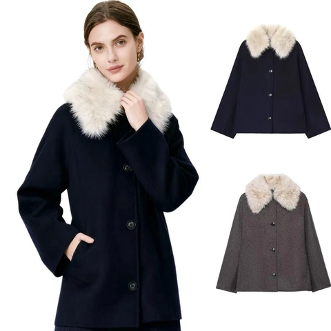 Damen Wollmantel Mit Kunstpelzkragen Oversize Einreihig A-Linie Jacke Winter Warm Baumwollmischung Cape Style Oberbekleidung