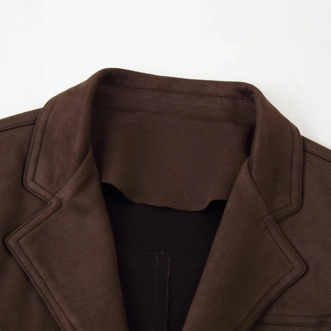 Chaqueta Para Mujer Efecto Ante Con Cinturón Solapa de Muesca Largo Medio Manga Larga Color Sólido Abotonadura Sencilla Abrigo Café