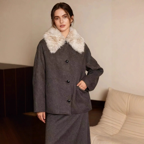Damen Wollmantel Mit Kunstpelzkragen Oversize Einreihig A-Linie Jacke Winter Warm Baumwollmischung Cape Style Oberbekleidung
