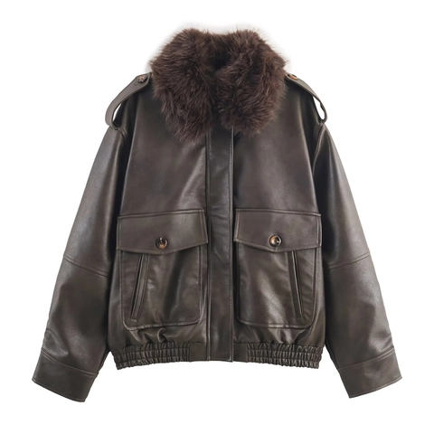 Women Faux Leather Bomber Jacket Detachable Faux Fur Collar Vintage Solid Brown Long Sleeve Zipper Pockets Outerwear