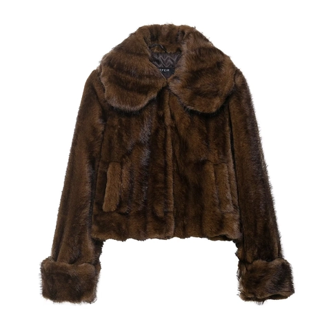 Conjunto de Chaqueta de Piel Sintética Y Minifalda para Mujer Streetwear Marrón Oscuro Manga Larga Solapa Invierno Conjunto de Falda