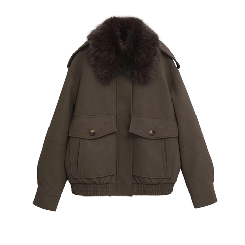 Giacca Bomber Vintage da Donna Con Collo in Ecopelliccia Marrone Scuro Cappotto Imbottito Casual Con Cerniera e Grandi Tasche