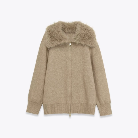Women's Faux Fur Collar Knit Jacket Loose Zip Up Cardigan Long Sleeve Coat Solid Color Autumn Winter Outerwear