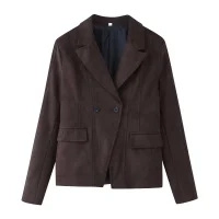 Women's Autumn Casual Double Breasted Suede Blazer Jacket Notch Lapel Solid Color Long Sleeve Suit Coat With Pockets Coffee