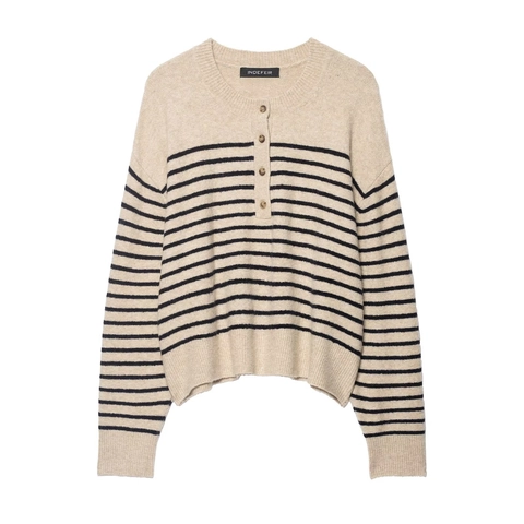 Jersey de Punto a Rayas para Mujer Cuello Redondo con Botones Manga Larga Pullover de Poliéster Suave Estilo Urbano Otoño Caqui