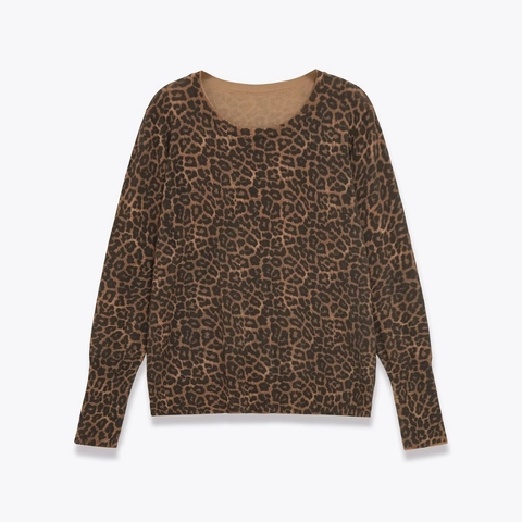 Women's Casual Leopard Print Round Neck Long Sleeve Knit Sweater Western Street Style Soft Ribbed Trim Pullover Top