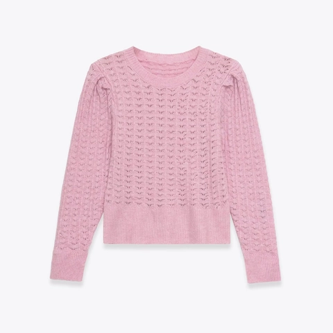 Women's Casual Pink Pointelle Knitted Sweater Long Sleeve Round Neck Solid Color Lightweight Breathable Pullover Knitwear Top
