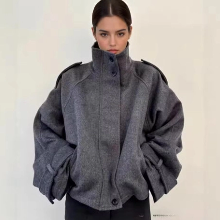 Women's Loose Fit Woolen Jacket With Stand Collar Epaulettes Single Breasted Short Coat Fashion Autumn Winter Outerwear