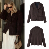 Women's Autumn Casual Double Breasted Suede Blazer Jacket Notch Lapel Solid Color Long Sleeve Suit Coat With Pockets Coffee