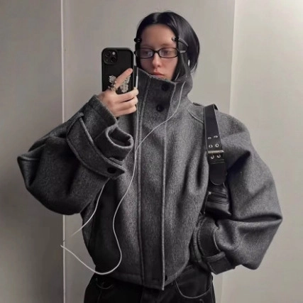 Women's Loose Fit Woolen Jacket With Stand Collar Epaulettes Single Breasted Short Coat Fashion Autumn Winter Outerwear
