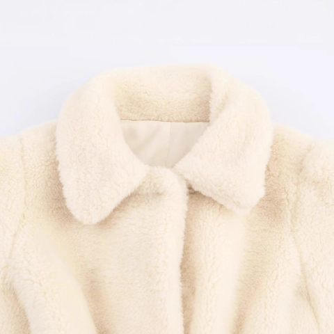 Cappotto da Donna Effetto Pelliccia Sintetica Elegante Revers Manica Lunga Morbida Giacca Invernale Calda Con Cintura Bianco Crema