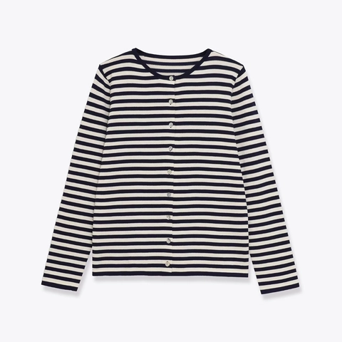 Women Striped Knit Cardigan Round Neck Long Sleeve Button Up Sweater Casual Navy Blue White Ribbed Knitwear Top