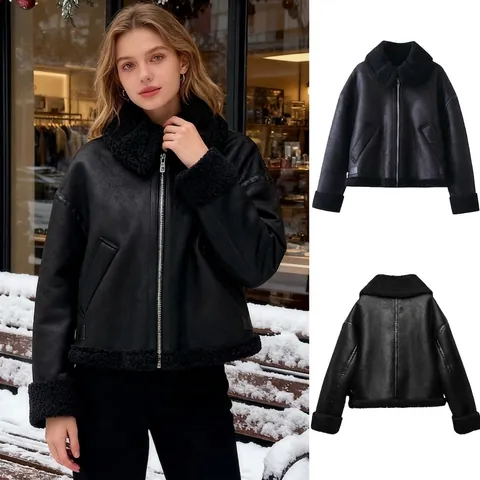 Chaqueta de Aviador de Pelo Sintético para Mujer Invierno Abrigo de Gamuza con Forro Sherpa Oversize Solapa Cremallera Color Sólido Cálida