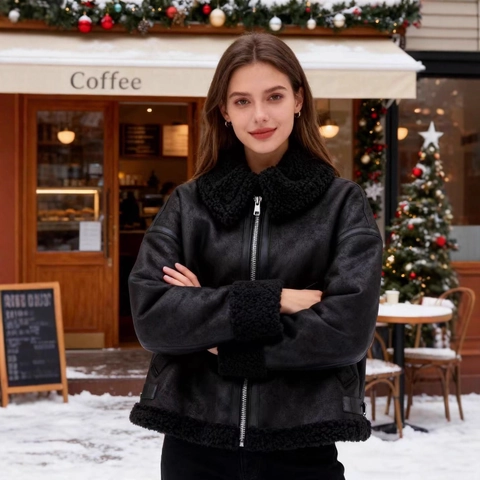 Chaqueta de Aviador de Pelo Sintético para Mujer Invierno Abrigo de Gamuza con Forro Sherpa Oversize Solapa Cremallera Color Sólido Cálida