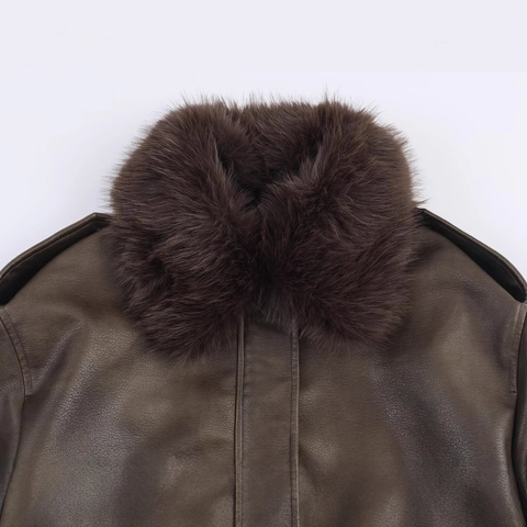 Women Faux Leather Bomber Jacket Detachable Faux Fur Collar Vintage Solid Brown Long Sleeve Zipper Pockets Outerwear
